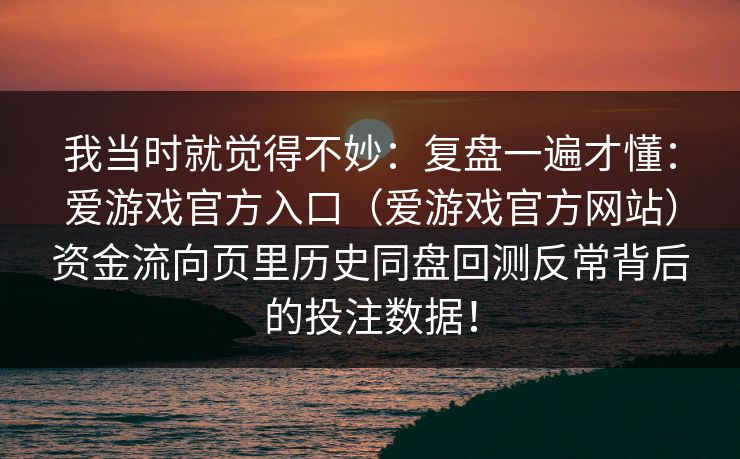 我当时就觉得不妙：复盘一遍才懂：爱游戏官方入口（爱游戏官方网站）资金流向页里历史同盘回测反常背后的投注数据！